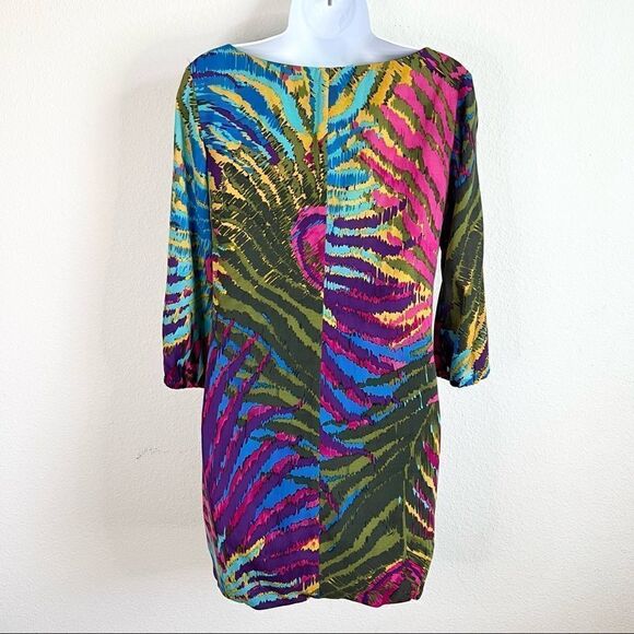 trina Turk Colorful Peacock Print 3/4 Sleeves Silk Blend Shift Mini Dress 2 - Picture 2 of 5